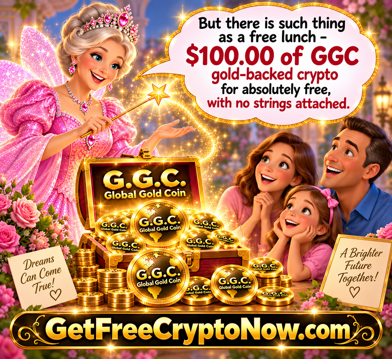 Fairy Godmother with GGC Global Gold Coin — GetFreeCryptoNow.com — Dreams Can Come True